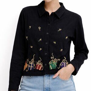 Bechamel Black Embroidered Cardigan XL Vintage Holiday Gift Metallic Cotton Gold